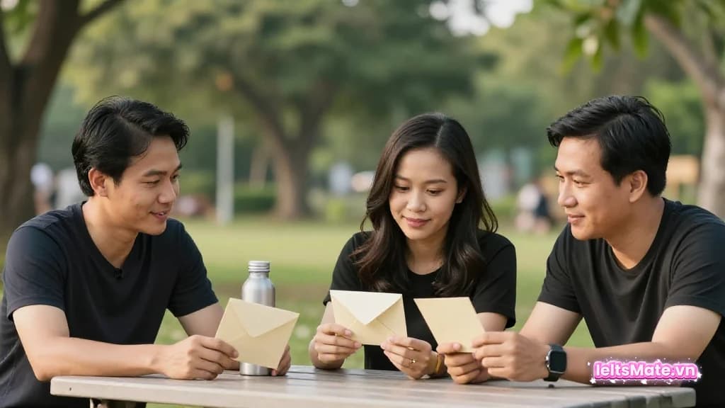 Ba người học Việt Nam cùng xem những phong bì và tấm thiệp trơn trên bàn picnic ngoài trời.