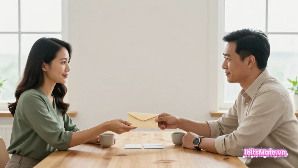 Hai người học Việt Nam trao một phong bì trơn cạnh hai thẻ giấy trắng và hai tách trà trong không gian làm việc sáng.