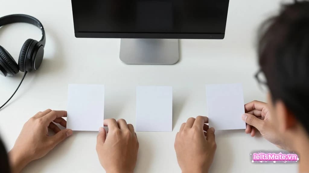 Một người học Việt Nam di chuyển ba thẻ giấy trắng theo hàng ngang, cạnh tai nghe và màn hình laptop mờ.