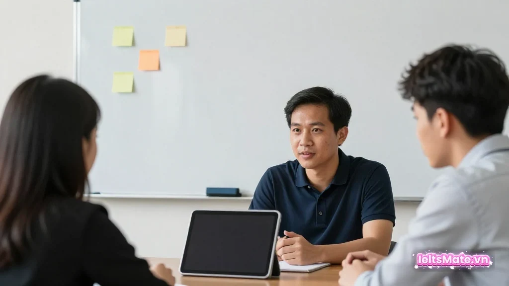 Người học Việt Nam đeo tai nghe, ghi các ô trống trên lịch giấy không chữ và thẻ tên trắng để luyện nghe sửa đáp án.