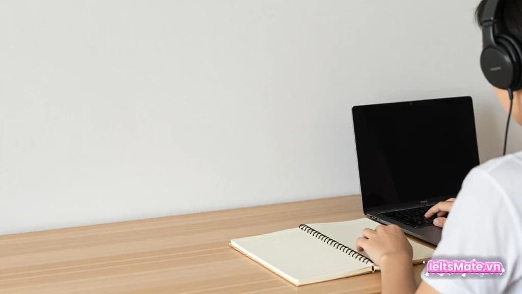 Người học Việt Nam trong góc học sáng, dùng tai nghe và sổ tay trắng để minh họa thao tác luyện IELTS Listening distractors.