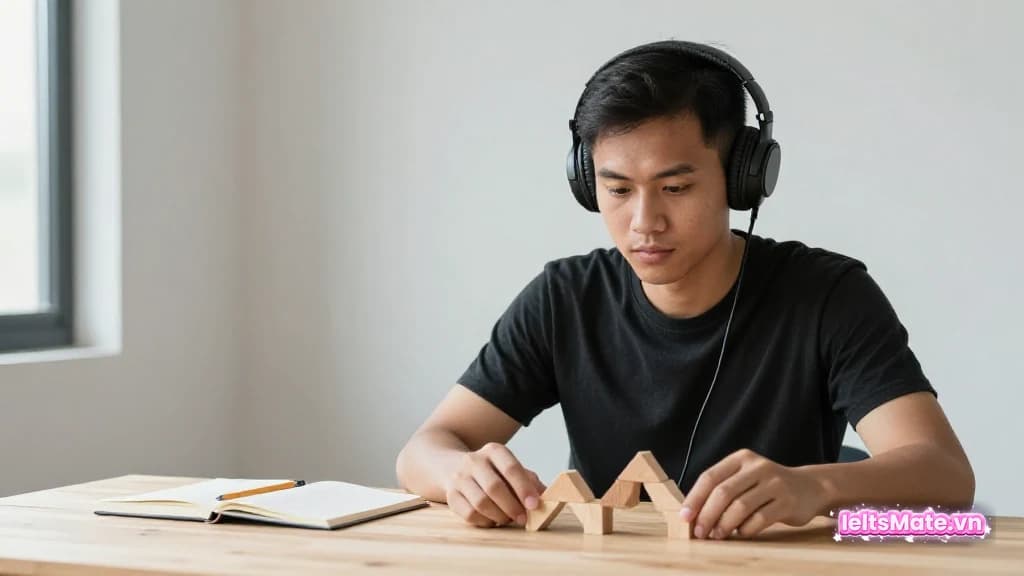 Người học Việt Nam đeo tai nghe xếp các khối gỗ trơn thành chuỗi mũi tên trên bàn, cạnh sổ ghi chú trắng.