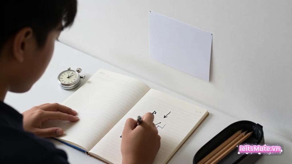Một người học Việt Nam viết ký hiệu đơn giản vào sổ trắng, tai nghe đặt cạnh bút chì và đồng hồ bấm giờ nhỏ.