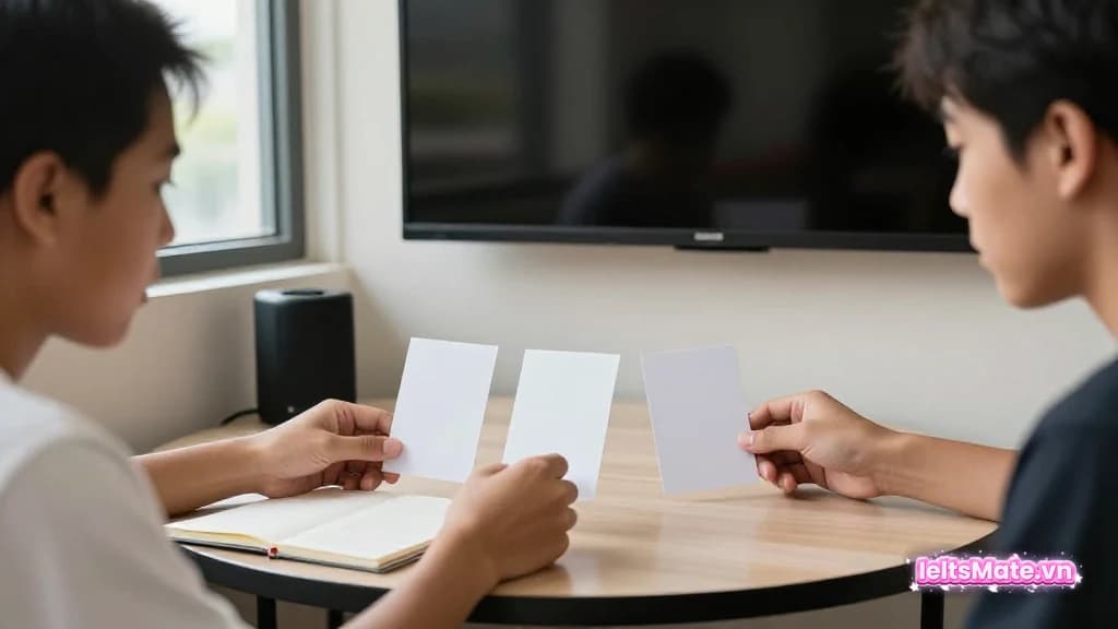 Hai người học Việt Nam cùng nghe qua loa nhỏ, mỗi người ghi chú trên giấy trắng ở bàn học có ánh sáng chiều.