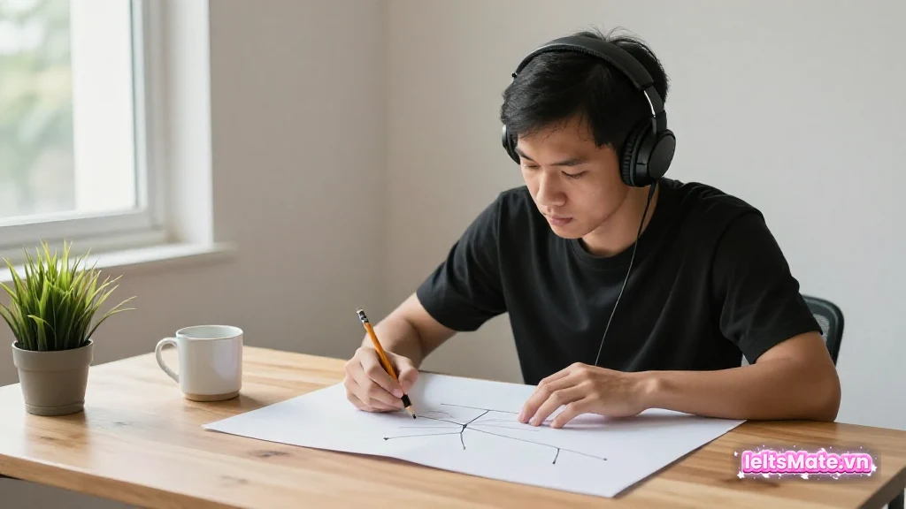 Người học Việt Nam đeo tai nghe, dùng bút chì lần theo một lộ trình trên tờ giấy trắng lớn tại bàn học sáng.