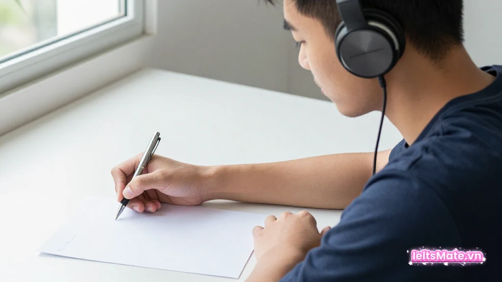 Người học Việt Nam đeo tai nghe, tay cầm bút chuẩn bị viết lên tờ giấy trắng trơn cạnh cửa sổ, thể hiện tư thế chăm chú nghe.
