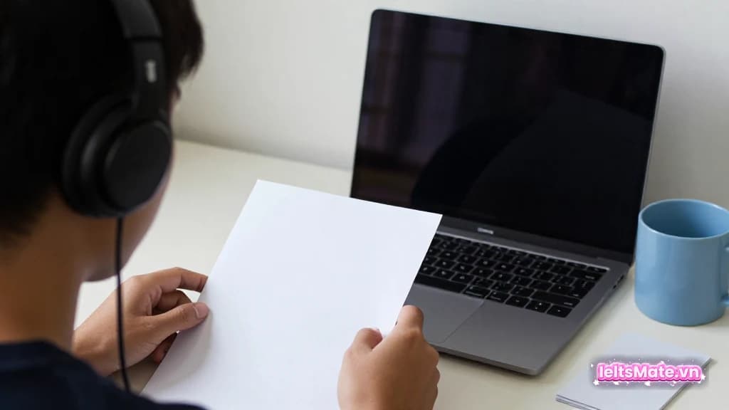 Một người học Việt Nam đeo tai nghe, đặt ngón tay theo nhịp trên giấy trắng cạnh laptop màn hình mờ trong phòng sáng.