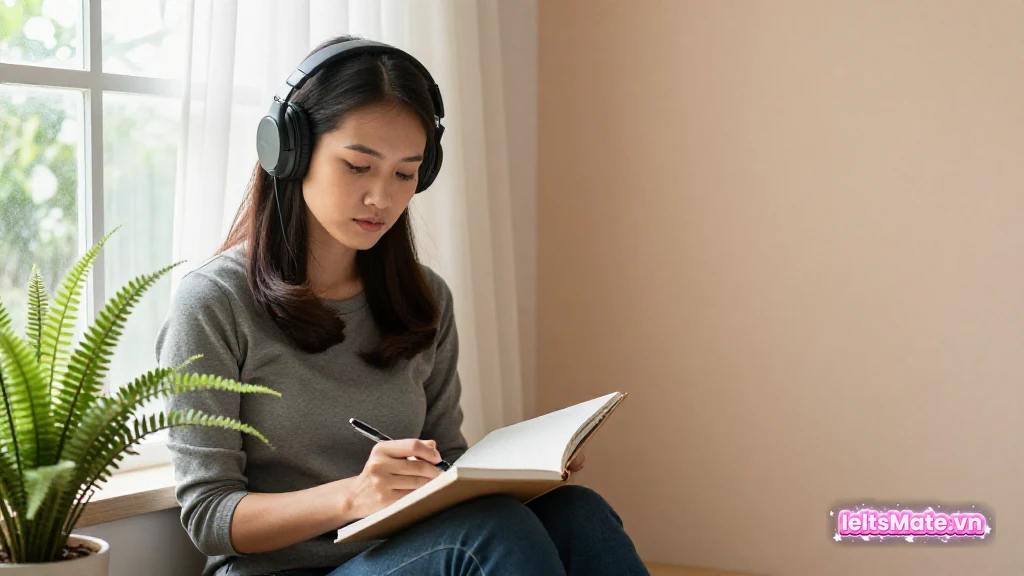 Người học Việt Nam đeo tai nghe, cầm bút trên sổ tay trống bên ghế cửa sổ đầy cây xanh, ánh sáng buổi sáng dịu nhẹ.