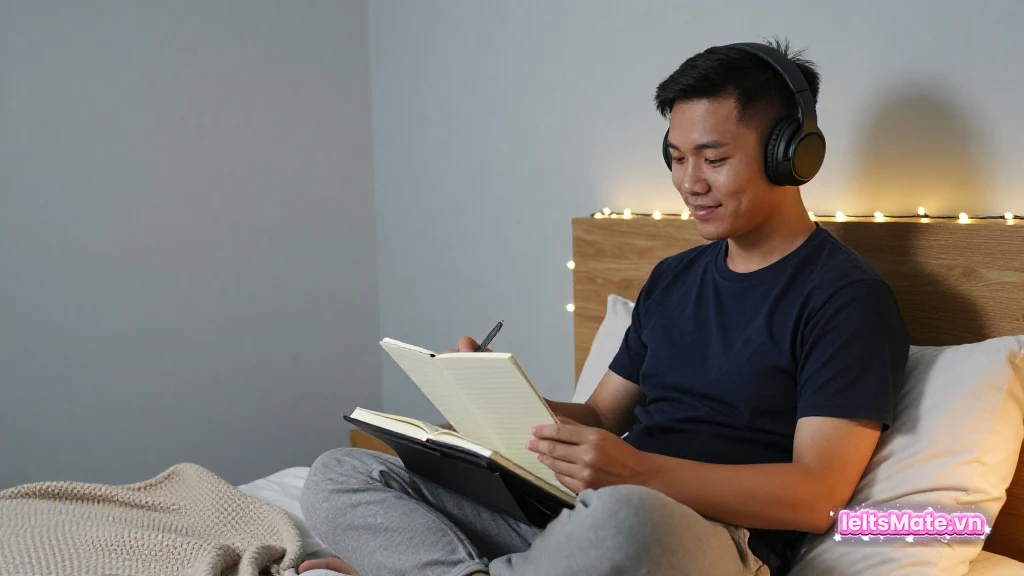 Người học Việt Nam đeo tai nghe, ngồi xếp bằng trên giường với sổ tay trống trên bàn kê đầu gối, ánh đèn ấm buổi tối.