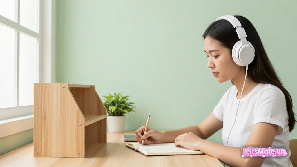 Người học Việt Nam đeo tai nghe nhìn mô hình quầy thông tin nhỏ, tay ghi chú các mốc chuyển ý vào sổ trắng.