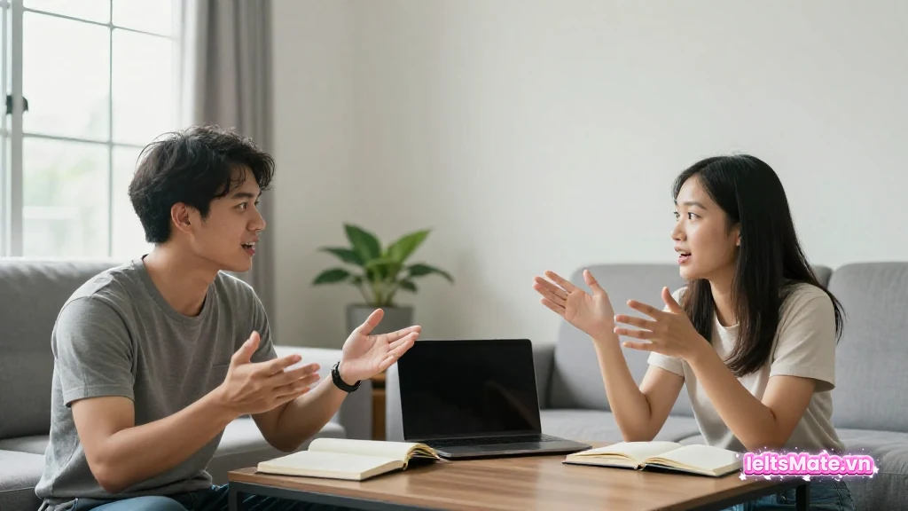 Hai người học Việt Nam trò chuyện sôi nổi quanh bàn trà, sổ tay trống và laptop màn hình mờ đặt giữa bàn.