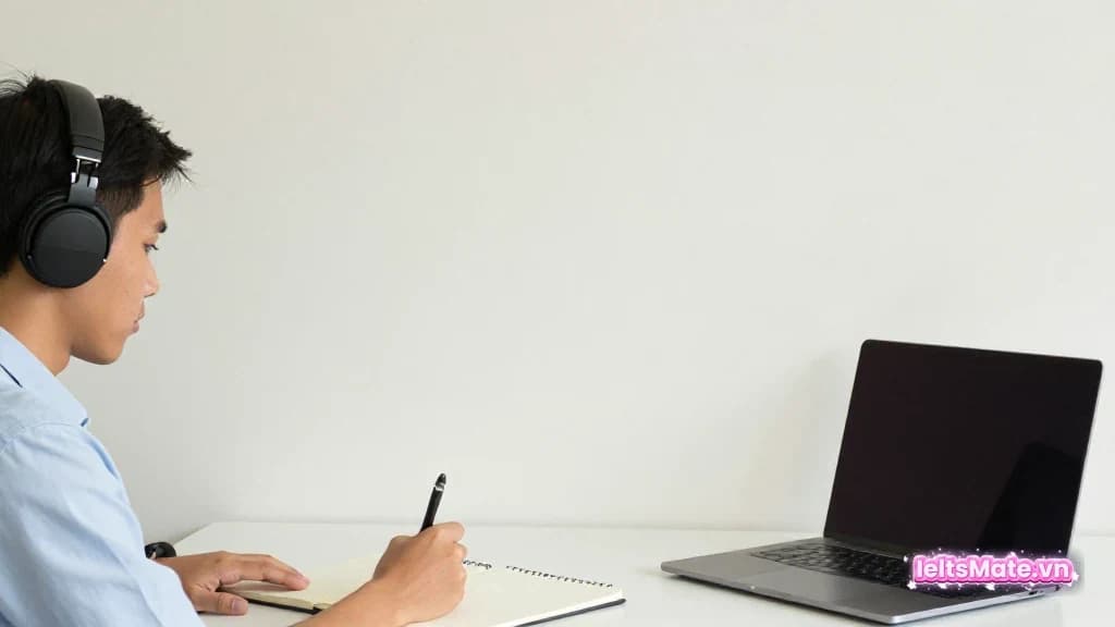 Người học Việt Nam trong góc học sáng, dùng tai nghe và sổ tay trắng để minh họa thao tác luyện IELTS Listening Part 3 ý kiến.