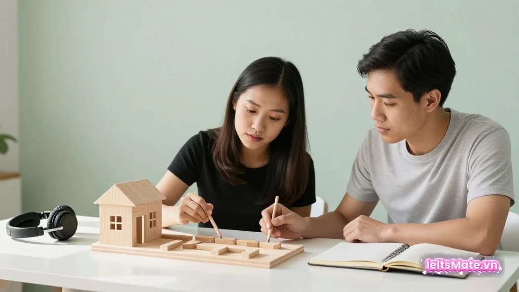 Hai người học Việt Nam theo dõi lộ trình trên mô hình phòng bằng gỗ không chữ cạnh tai nghe và sổ trắng.