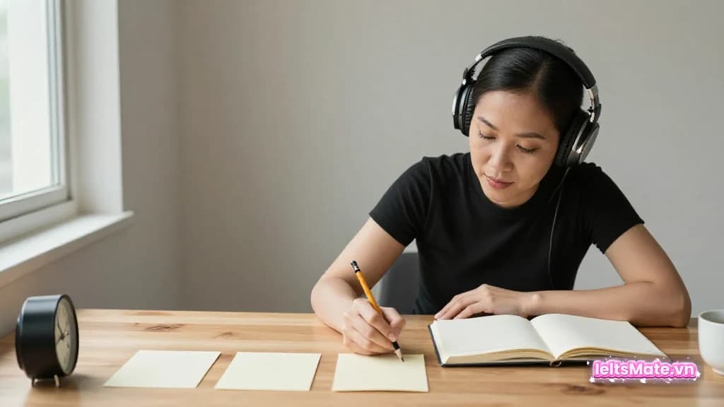 Một người học Việt Nam đeo tai nghe, đặt các thẻ câu hỏi trắng cạnh sổ trống và ghi đáp án ngắn trên bàn.