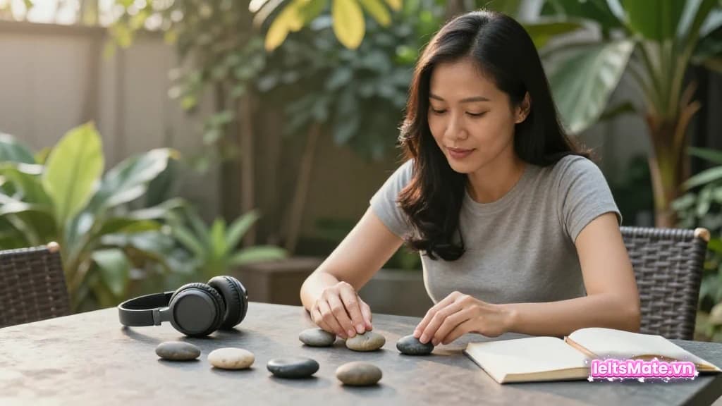 Một người học Việt Nam xếp các viên đá màu trơn thành từng chặng cạnh tai nghe và sổ trắng trên bàn.
