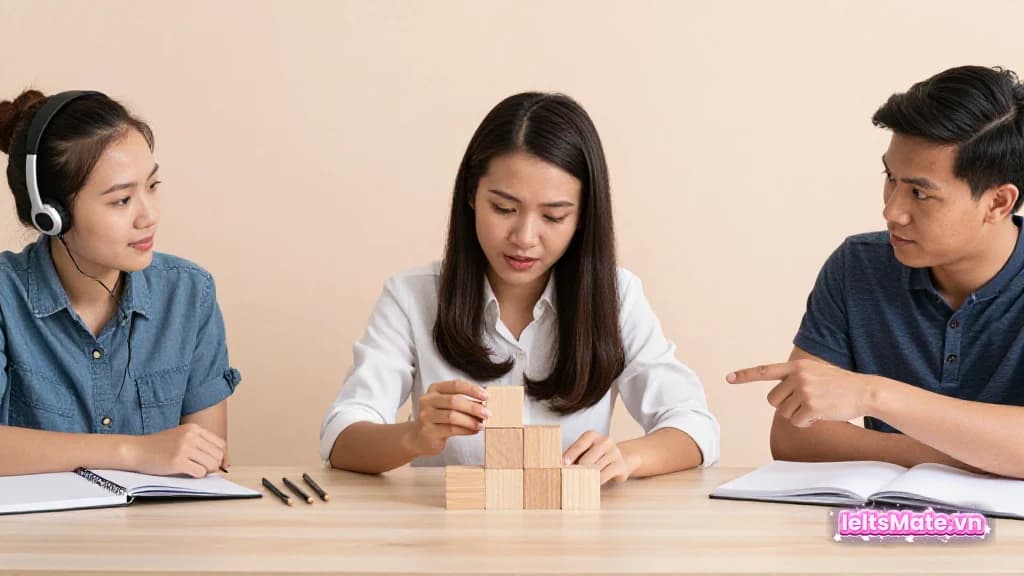 Ba người học Việt Nam phân nhóm các khối gỗ trơn cạnh tai nghe và sổ trắng trong phòng sáng.