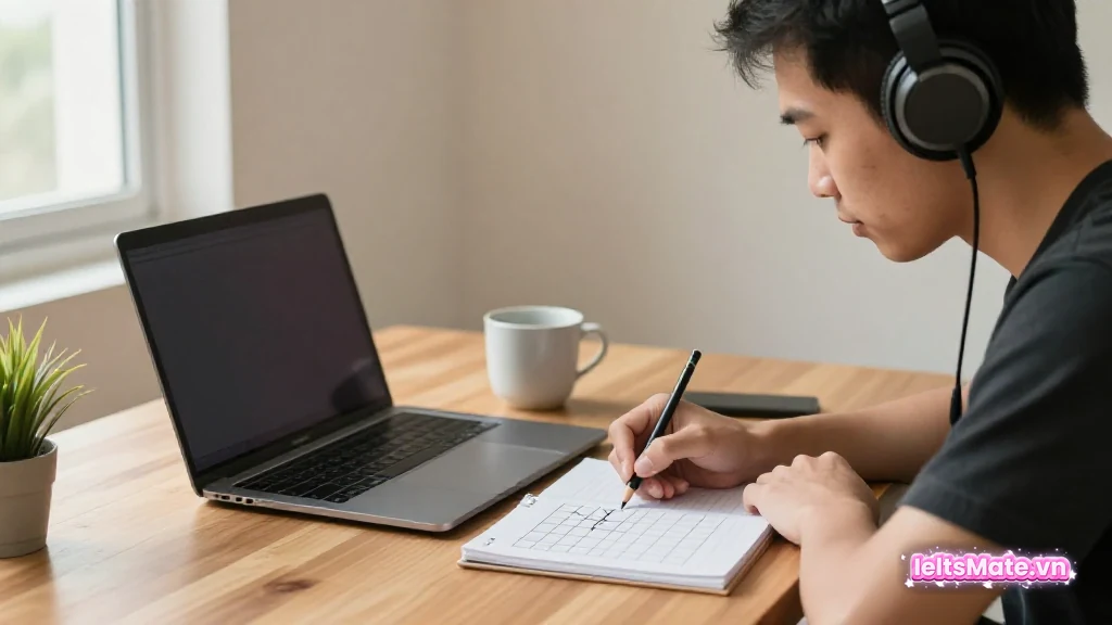 Người học Việt Nam trưởng thành đeo tai nghe và rà một bảng trống trên sổ tay cạnh màn hình mờ không có chữ.