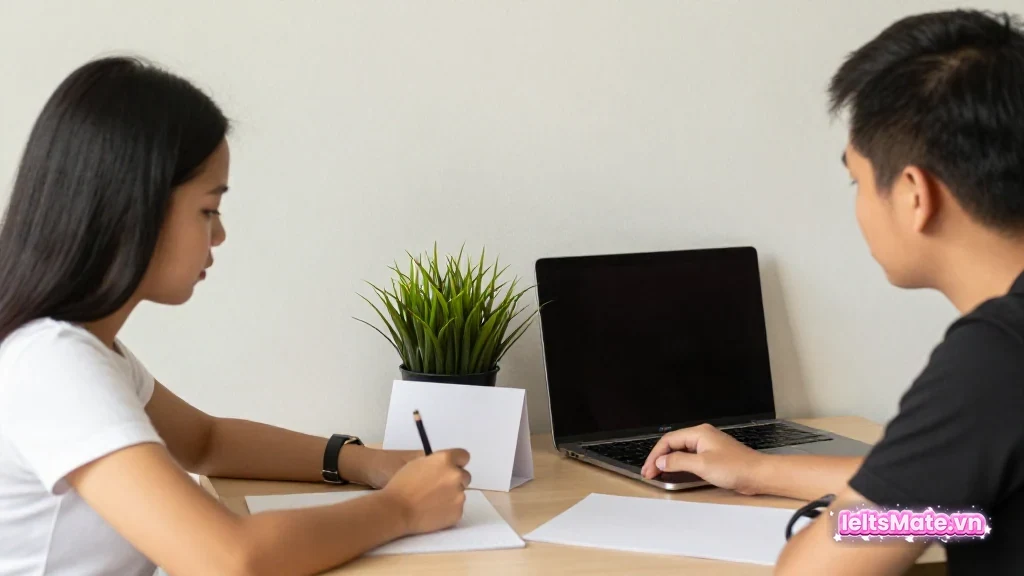 Người học Việt Nam xem bảng kết quả trống trên giấy lớn và đặt bốn thẻ kỹ năng trắng thành hàng để chọn bài sửa.