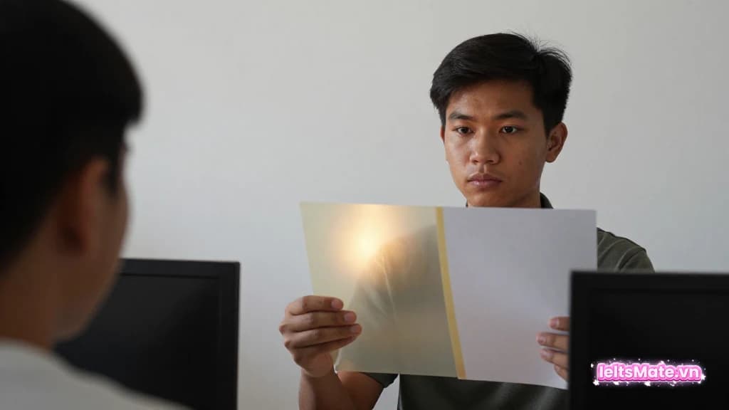Một người học Việt Nam đặt hai tấm kính màu trong suốt lên giấy trắng, nhìn kỹ để tách lớp nghĩa phủ định.