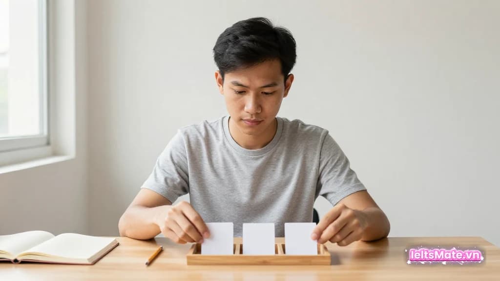 Người học Việt Nam sắp các thẻ giấy trắng vào ba khay gỗ riêng, đối chiếu từng nhóm thông tin trên bàn học sáng.