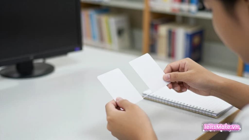 Một người học Việt Nam dùng bút nối hai thẻ giấy trắng trên bàn đọc, phía sau là kệ sách mờ và tường trơn.