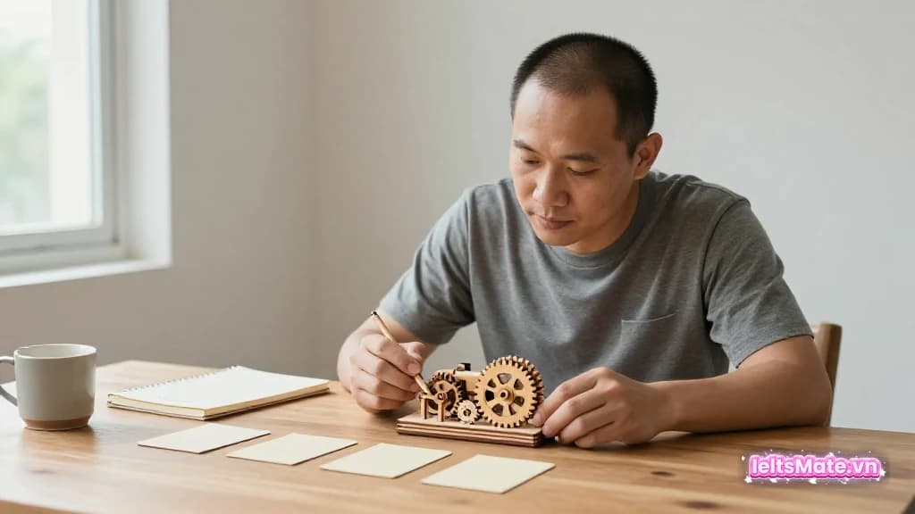 Một người học Việt Nam quan sát mô hình cơ khí nhỏ không ký hiệu, cạnh các mảnh giấy trắng và bút chì trên bàn.