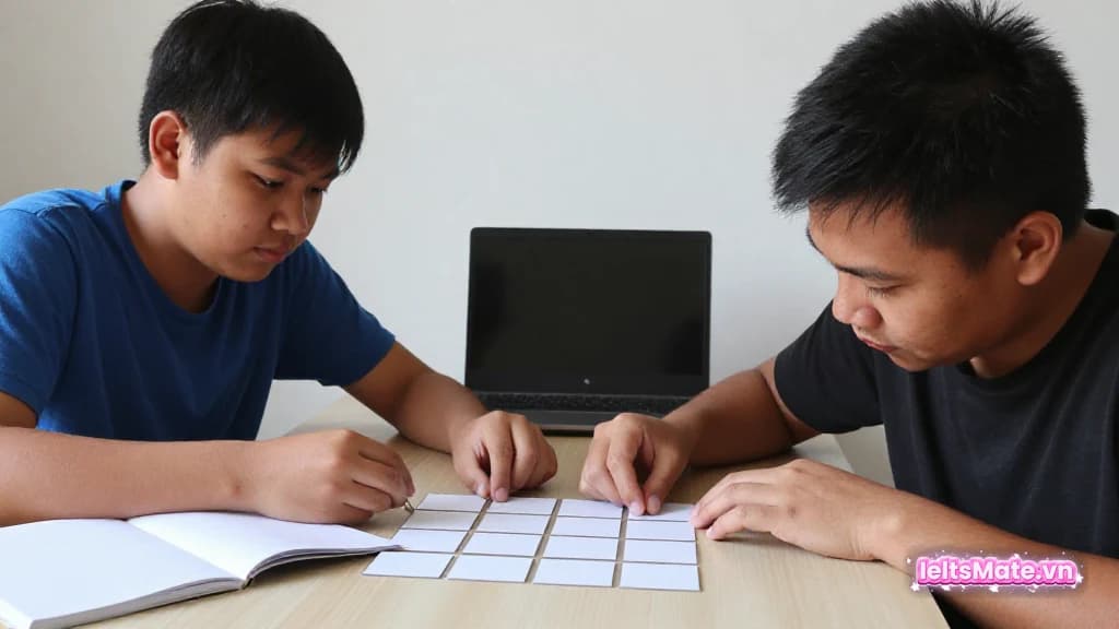 Hai người học Việt Nam đặt các ô giấy trắng thành lưới nhỏ, cùng so một hàng ngang dưới ánh sáng tự nhiên.