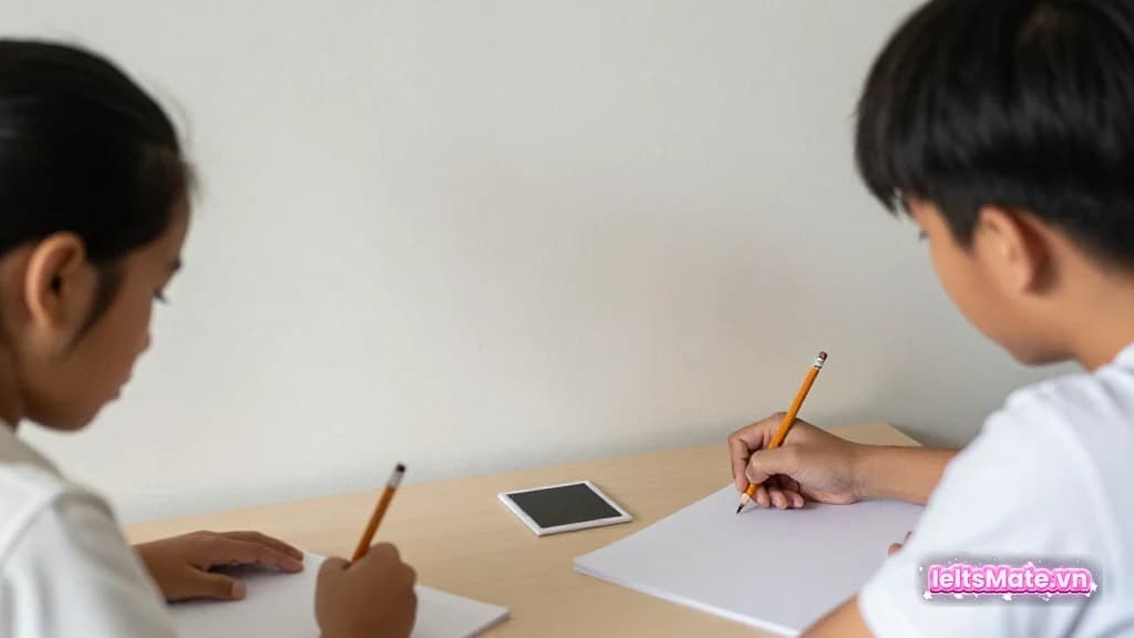 Người học Việt Nam trong góc học sáng, dùng bút chì và giấy trắng để minh họa thao tác luyện IELTS Reading inference questions.