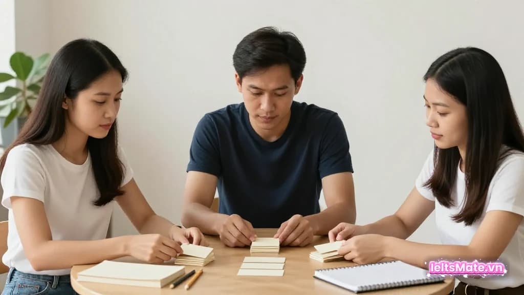 Ba người học Việt Nam phân loại các thẻ giấy trơn trên bàn tròn cạnh sách bìa trơn trong phòng học sáng.