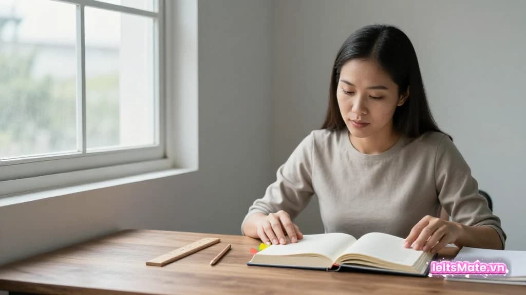 Một người học Việt Nam dùng các thẻ đánh dấu màu trơn để định vị đoạn trong cuốn sách mở trên bàn cạnh cửa sổ.