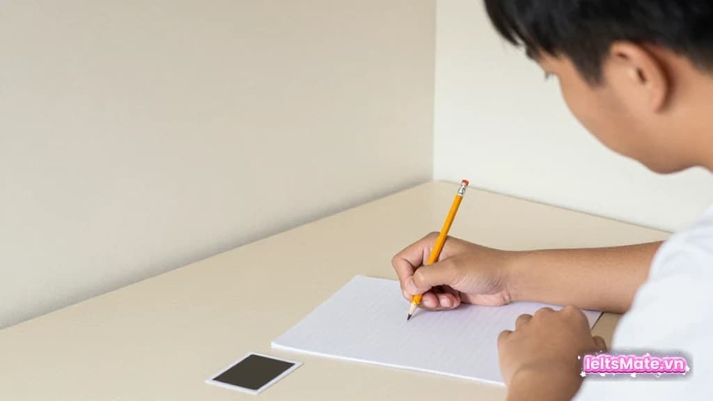 Người học Việt Nam trong góc học sáng, dùng bút chì và giấy trắng để minh họa thao tác luyện quản lý bài đọc dài IELTS Reading.