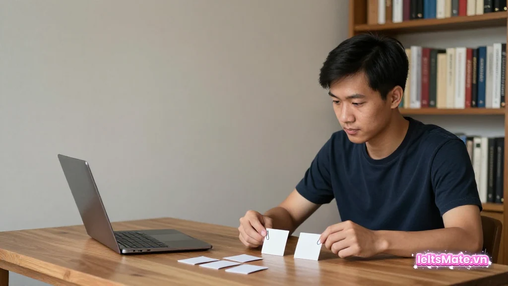 Người học Việt Nam ngồi trong góc học có kệ sách, dùng kẹp giấy nối hai tấm thẻ trắng để so khớp thông tin.