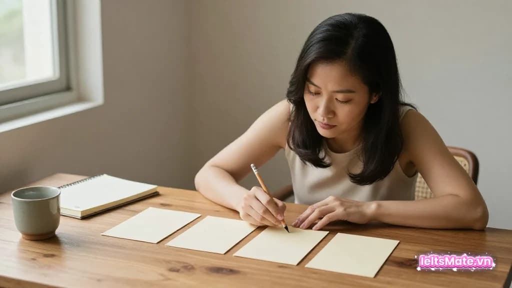 Một người học Việt Nam đối chiếu các thẻ giấy bên cạnh đoạn văn trên bàn học sáng, với sổ trắng và bút chì.