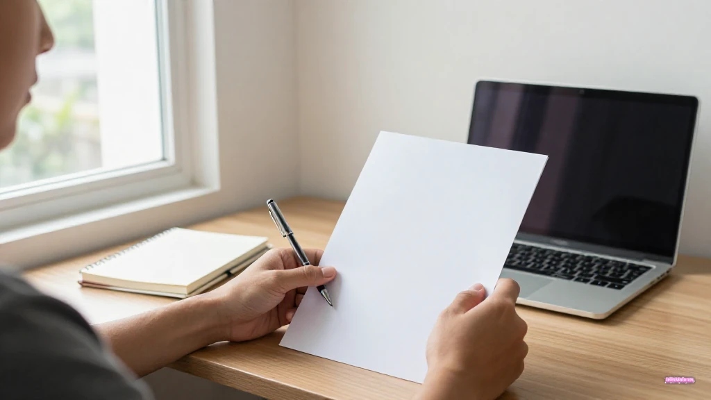 Người học châu Á trưởng thành đang đọc một trang giấy và ghi chú bên cạnh máy tính trong ánh sáng cửa sổ.