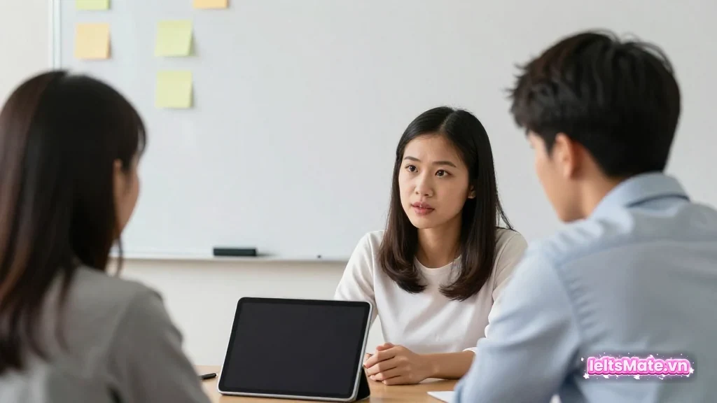 Người học Việt Nam dùng bút chì đặt vào các ô trống trên tờ giấy trắng dài, cạnh sách bìa trơn trong thư viện.