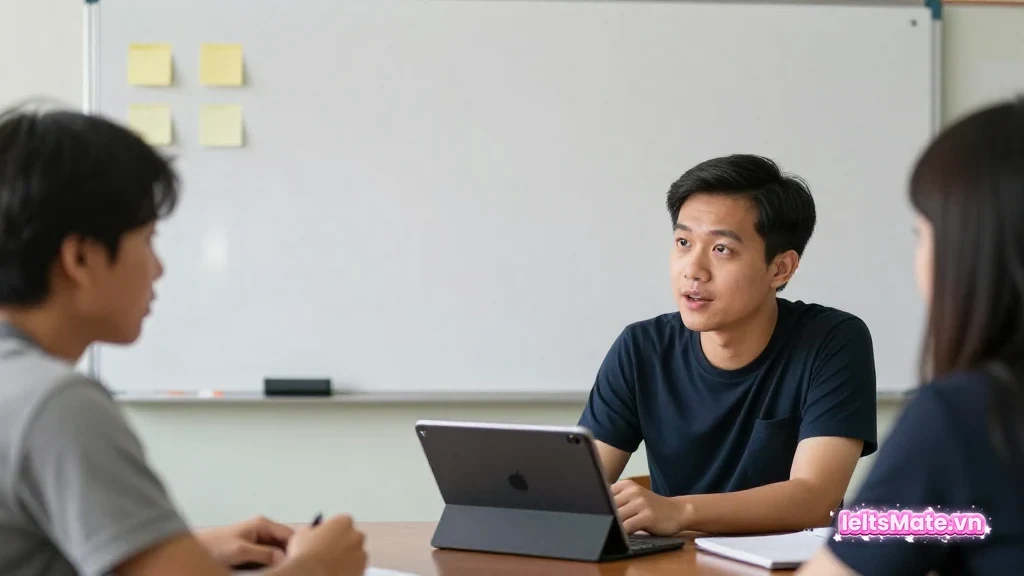 Một người học Việt Nam đặt kính lúp trên hai dải giấy trắng gần giống nhau để so nghĩa trước khi chọn đáp án Reading.