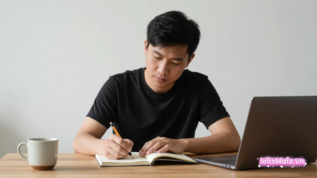 Người học Việt Nam dùng dây mảnh nối các thẻ giấy trắng trên bàn để lần dấu từ tham chiếu trong một đoạn đọc.