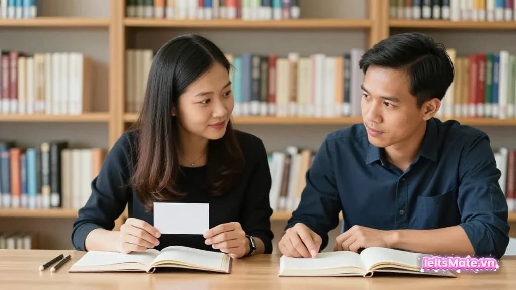 Hai người học Việt Nam đối chiếu một câu hỏi ngắn với sách bìa trơn và sổ trắng trên bàn thư viện.