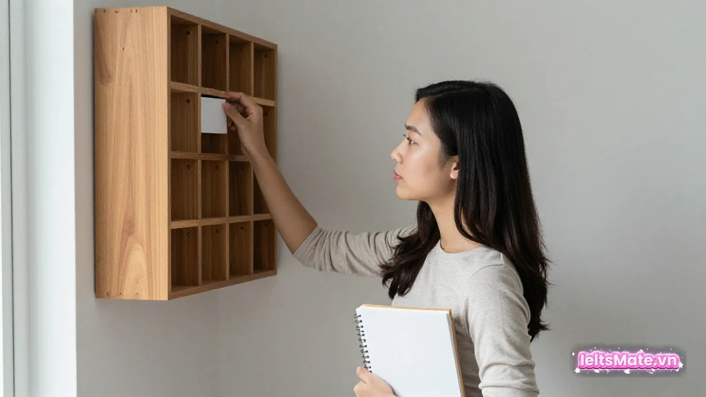 Người học Việt Nam đặt một tấm thẻ trắng vào đúng ô nhỏ trên kệ gỗ nhiều ô vuông gắn tường.