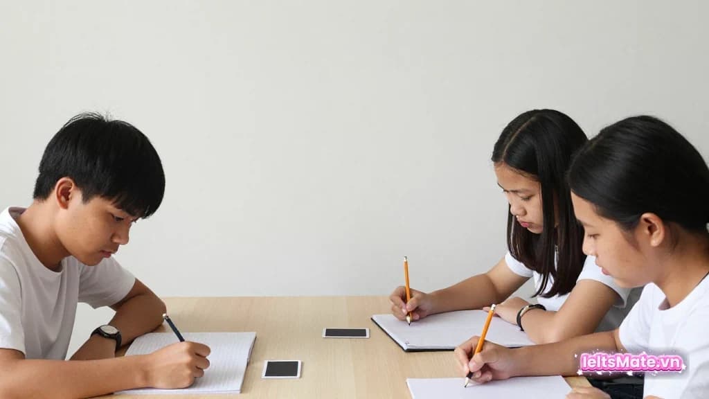 Người học Việt Nam trong góc học sáng, dùng bút chì và giấy trắng để minh họa thao tác luyện mục đích tác giả IELTS Reading.