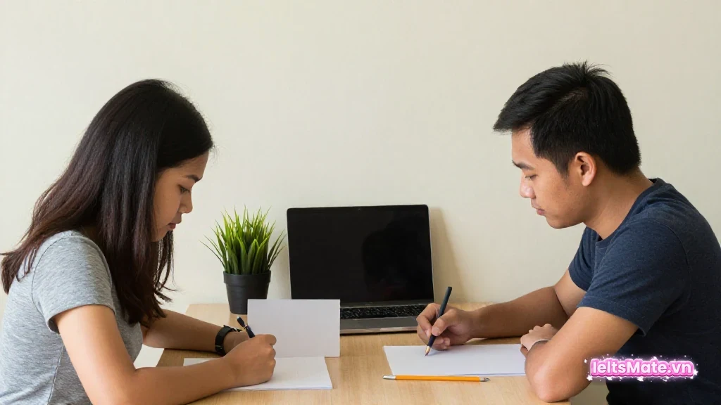 Hai người học Việt Nam nhìn một đoạn giấy trắng có các mũi tên màu trơn để phân biệt khẳng định và phản bác.