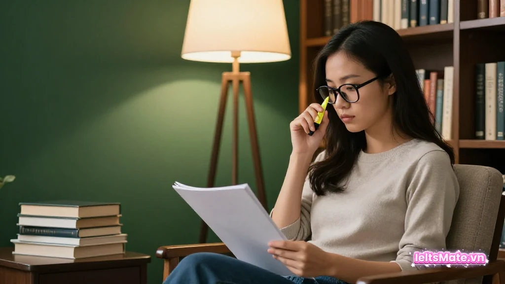 Người học Việt Nam cầm bút highlight vàng trên tờ giấy trắng, ngồi đọc trong ghế bành cạnh tủ sách, ánh đèn vàng ấm.