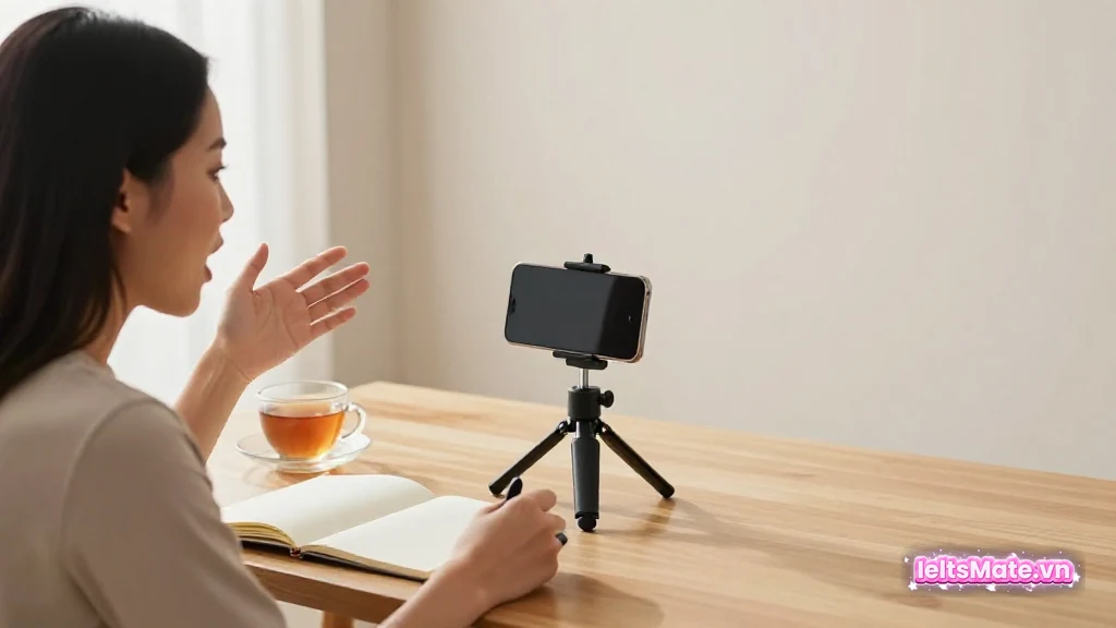 Người học Việt Nam nói chuyện biểu cảm trước điện thoại gắn trên chân đế nhỏ, sổ tay trống và tách trà trên bàn gỗ.