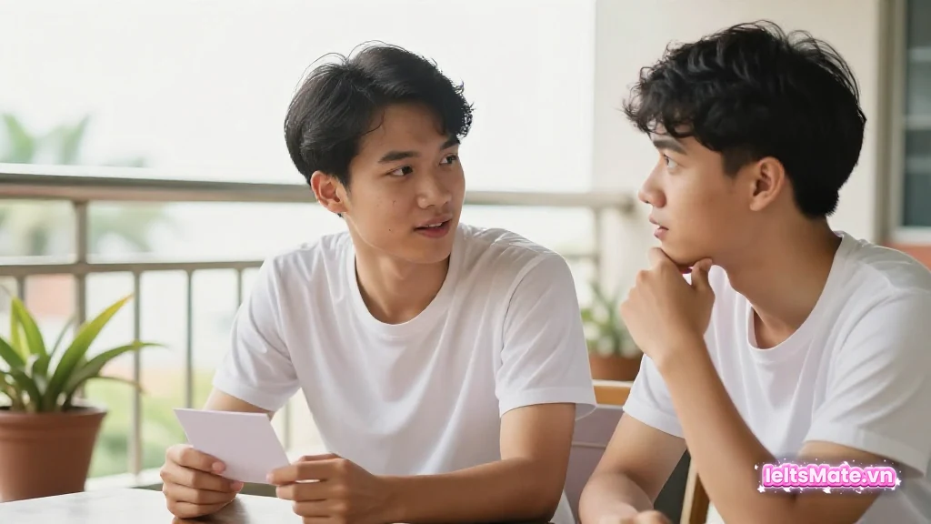 Hai người học Việt Nam ngồi ngoài ban công trò chuyện, một người cầm thẻ gợi ý, một người vừa nghĩ ra ý tưởng.