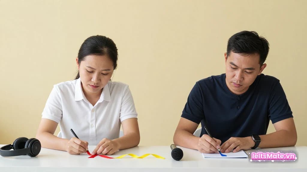 Hai người học Việt Nam điều chỉnh các dải ruy băng cong trơn cạnh micro và tai nghe trên bàn sáng.