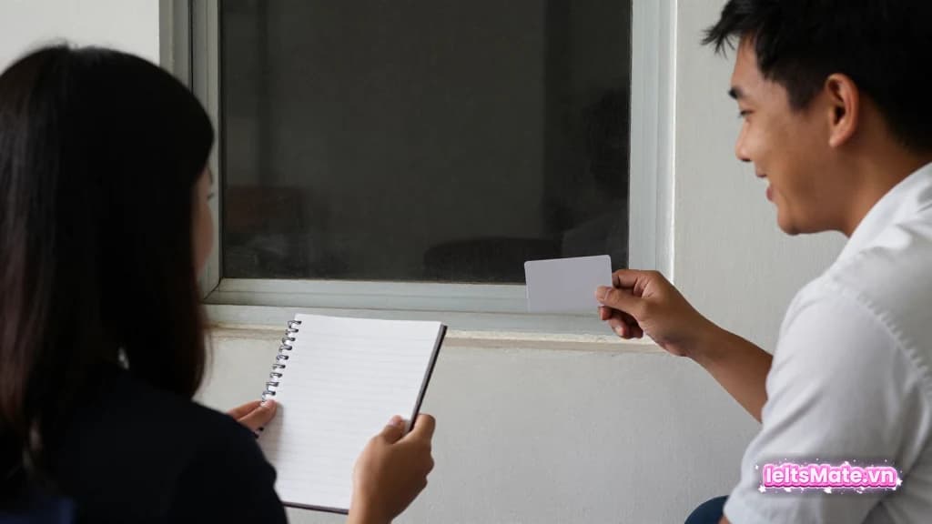 Hai người học Việt Nam trò chuyện cạnh cửa sổ, một người cầm thẻ trắng và mỉm cười khi kể chuyện.
