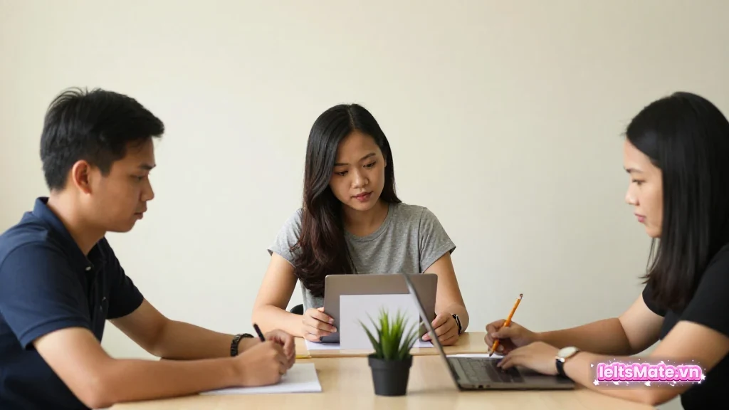 Hai người học Việt Nam trò chuyện cạnh các thẻ giấy trắng nối bằng dây mảnh trên bàn, không có chữ hoặc logo giả.