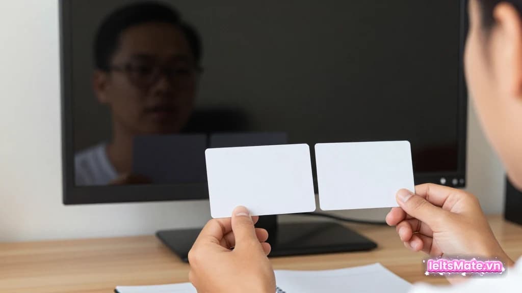 Một người học Việt Nam đặt hai thẻ trắng cạnh nhau, nói thành tiếng như đổi cách diễn đạt câu hỏi.