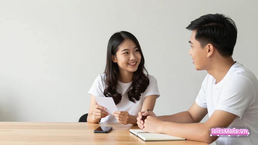 Hai người học Việt Nam ngồi đối diện, một người cầm thẻ trắng nhỏ và người kia trả lời tự nhiên cạnh điện thoại màn hình tối.