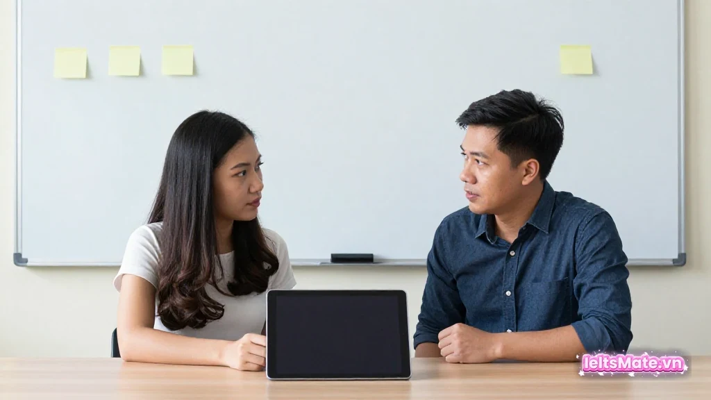 Người học Việt Nam đặt mô hình nhà nhỏ trơn lên bàn và luyện nói trước điện thoại màn hình mờ trong ánh sáng tự nhiên.